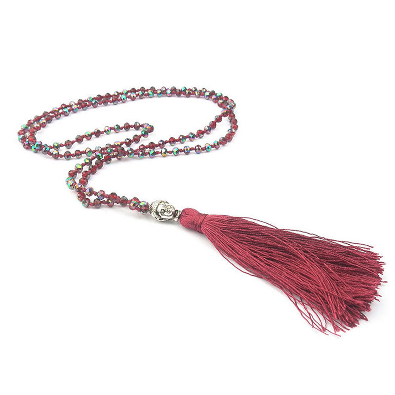 Long Tassel Neon Necklace Ancient Silver Alloy Buddha Head Pendant Faceted Glass Crystal Beard Chain Knot Women Jewelry 2C0297