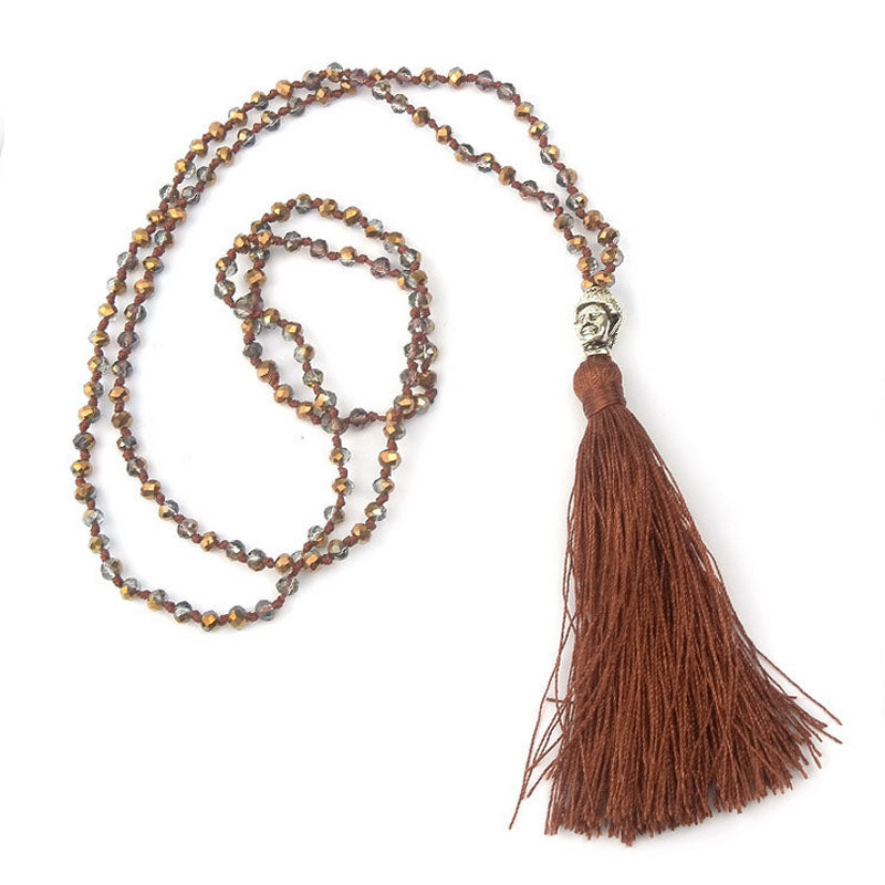 Long Tassel Neon Necklace Ancient Silver Alloy Buddha Head Pendant Faceted Glass Crystal Beard Chain Knot Women Jewelry 2C0297