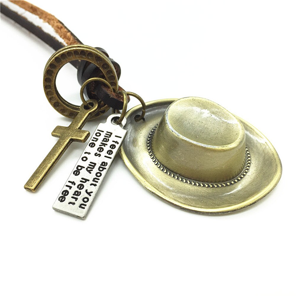 Long Vintage Brown Casual Genuine Leather Bronze Hoops Cross Cowboy Hat Pendant Men Necklace Women Male  Jewelry