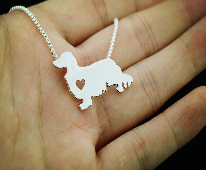 Long-haired dachshund dog necklace animal pendant jewelry golden colors plated