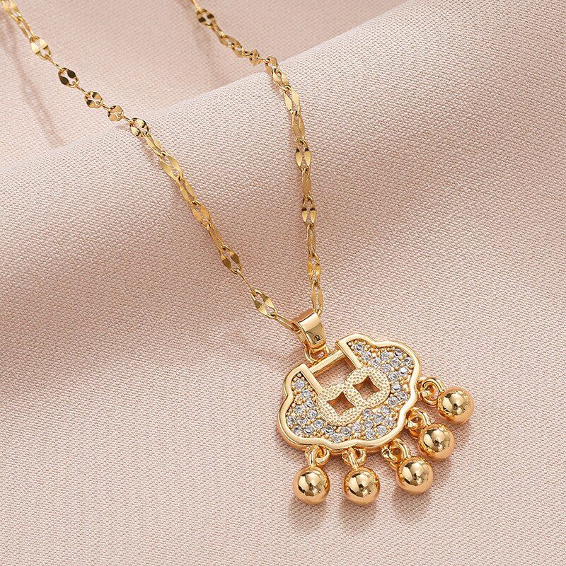 Longevity Lock Bell Protector Stainless Steel Women's Necklace Gold Anti-Fading Clavicle Chain Korean Pular  Jewelry