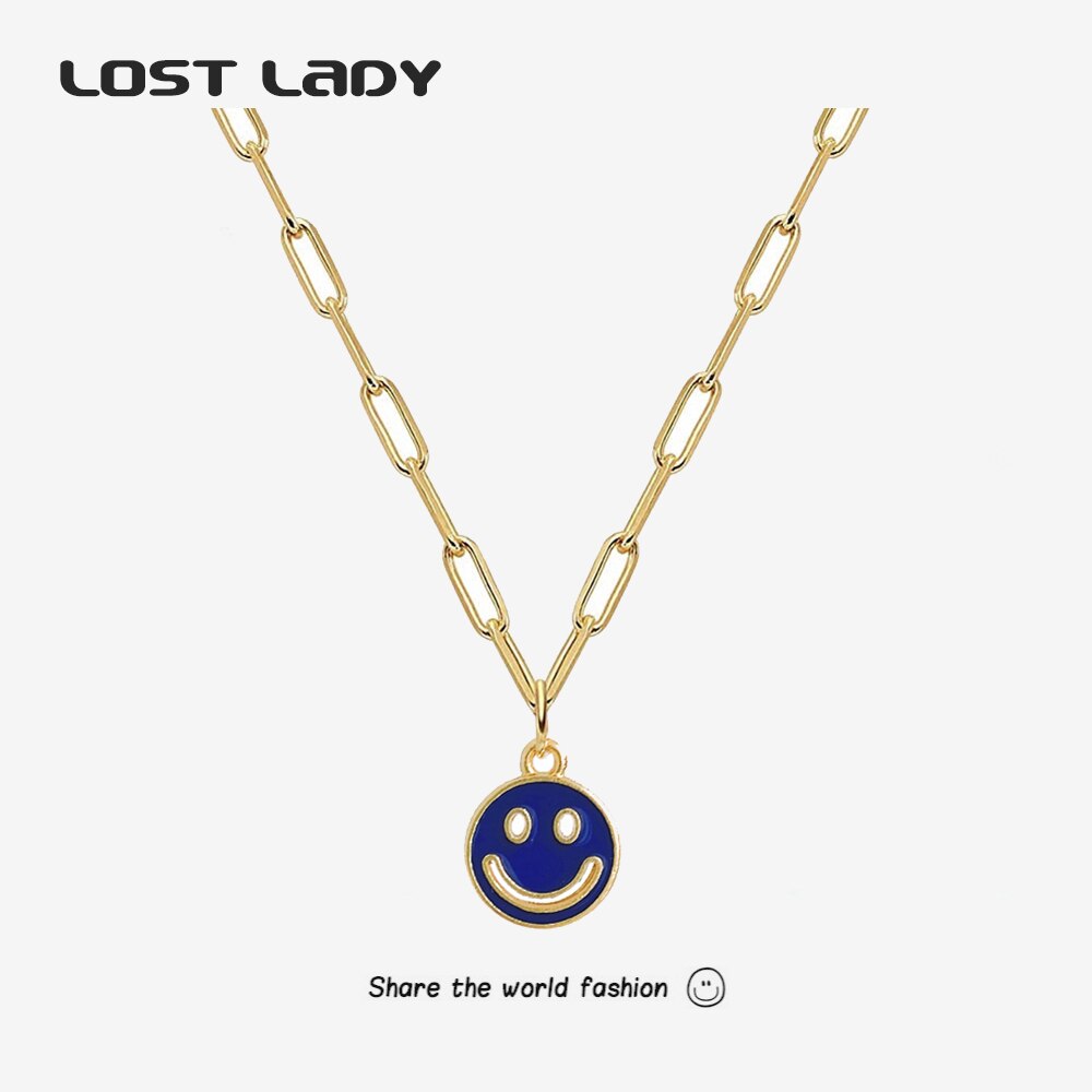 Lost Lady Sweater Smiley Face Pendant Necklace Double-Sided Clavicle Alloy Chain Women's Party Jewelry Gifts