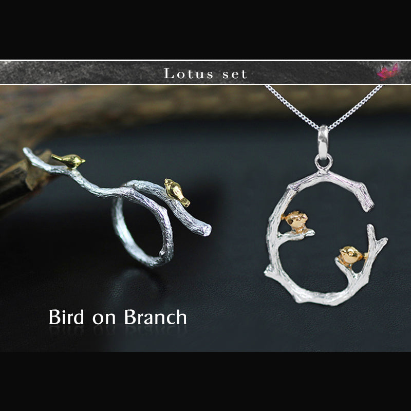 925 Sterling Silver Animal Bird on Branch Luxury Designer Jewelry Sets for Women Adjustable Rings/Necklaces Pendants