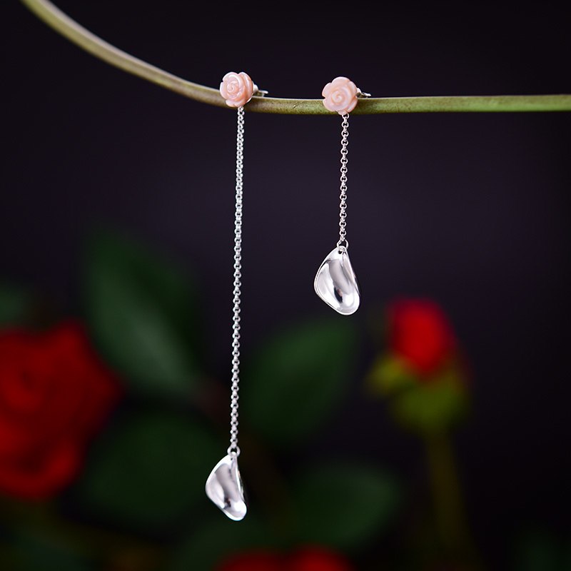 925 Sterling Silver Earrings for Women Silver Rose Flower Long Tassel Earring for Women Wedding Irregualr Drop Earring