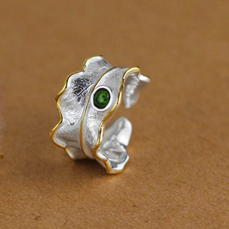925 Sterling Silver Female Ring Natural Tourmaline Handmade Designer Twist Leaf Open Cuff Resizable Band Fine Jewelry