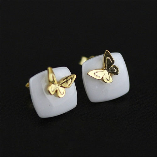 Brand Real 925 Sterling Silver Stud Earrings for Women Ceramics Butterfly Earings Fine Jewelry Valentine's D Gift