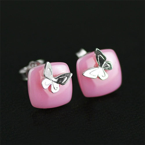 Brand Real 925 Sterling Silver Stud Earrings for Women Ceramics Butterfly Earings Fine Jewelry Valentine's D Gift