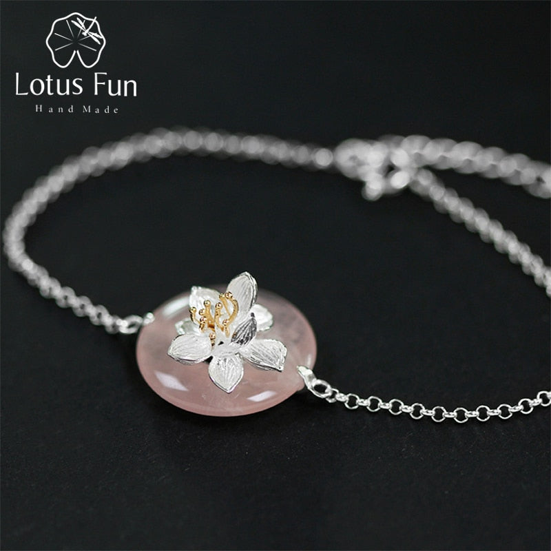 Real 925 Sterling Silver Chain Bracelets for Women Pink Rose Quartz Flower Fine Jewelry 925 sterling silber armband