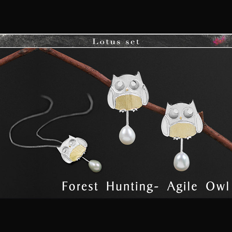 Real 925 Sterling Silver Creative Handmade Fine Jewelry Forest Hunting Subject Agile Owl Jewelry Set