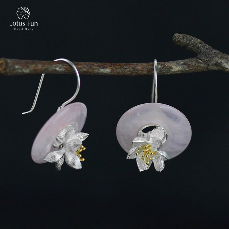 Real 925 Sterling Silver Drop Dangle Earrings for Women Pink Natural Rose Quartz Stone Flower Hook Earing Fine Jewelry