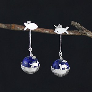 Real 925 Sterling Silver Earring Natural Lapis Creative Handmade Fine Jewelry Cat's Dream Dangle Earrings for Women