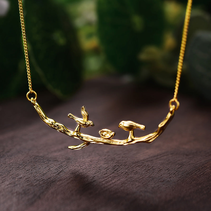 Real 925 Sterling Silver Handmade Designer Fine Jewelry Cute Bird on Branches Necklace with Pendant for Women Collier
