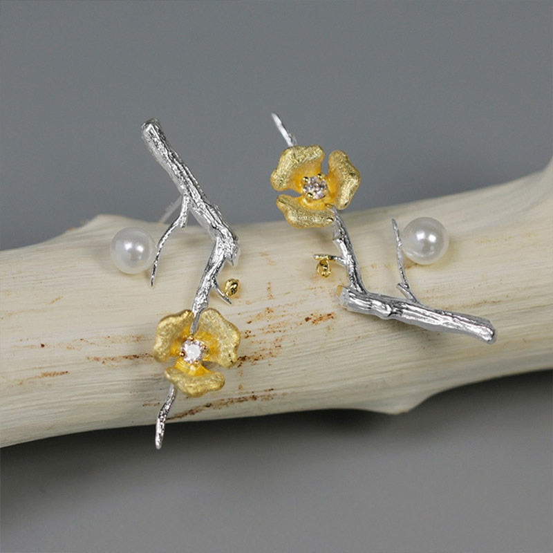 Real 925 Sterling Silver Handmade Designer Fine Jewelry Delicated Plum Blossom Flower Dangle Earrings for Women