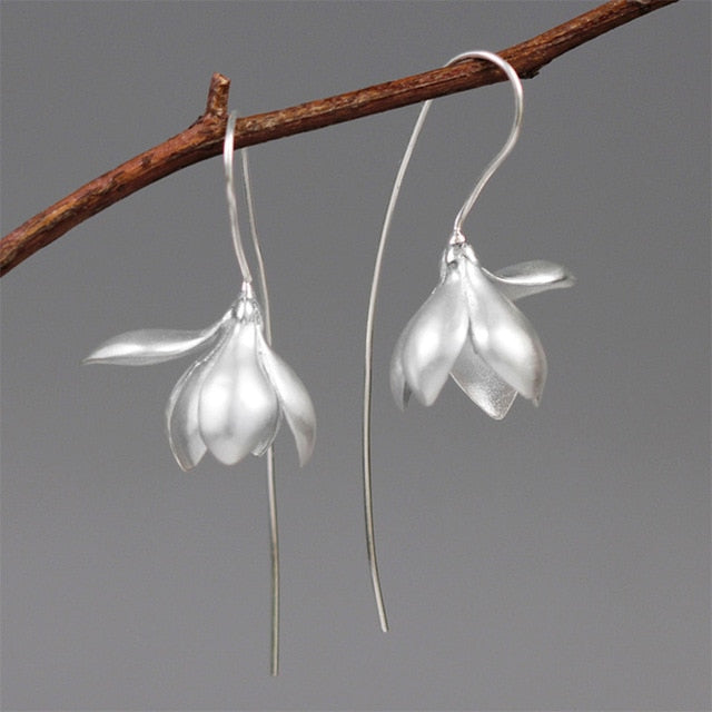 Real 925 Sterling Silver Handmade Designer Fine Jewelry Elegant Magnolia Flower Dangle Earrings for Women Brincos