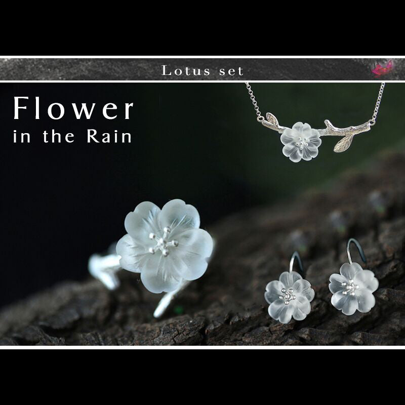 Real 925 Sterling Silver Handmade Fine Jewelry Flower in the Rain Jewelry Set with Ring Drop Earring Pendant Necklace