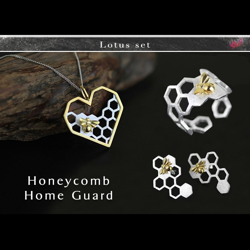 Real 925 Sterling Silver Handmade Fine Jewelry Honeycomb Home Guard Jewelry Set with Ring Earring Pendant Necklace
