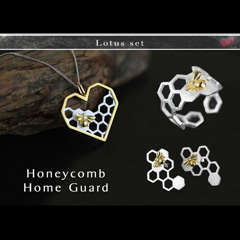 Real 925 Sterling Silver Handmade Fine Jewelry Honeycomb Home Jewelry Set with Ring Drop Earrings Pendant Necklace