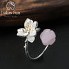 Real 925 Sterling Silver Jewelry Natural Rose Quartz Handmade Flower Ring Lotus Whispers Rings for Women Bijoux