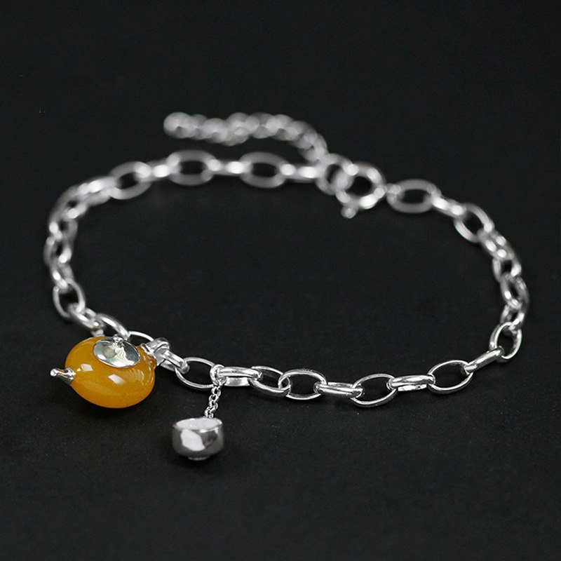 Real 925 Sterling Silver Natural Amber Handmade Fine Jewelry Vintage Cute Teapot Bracelets for Women Bijoux