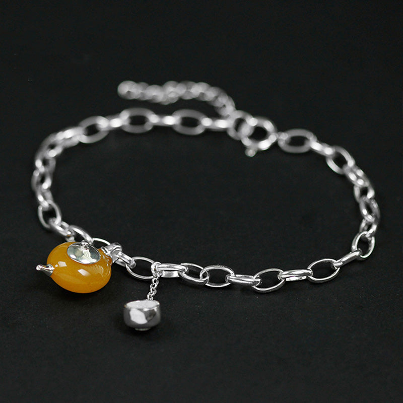 Real 925 Sterling Silver Natural Amber Handmade Fine Jewelry Vintage Cute Teapot Bracelets for Women Bijoux
