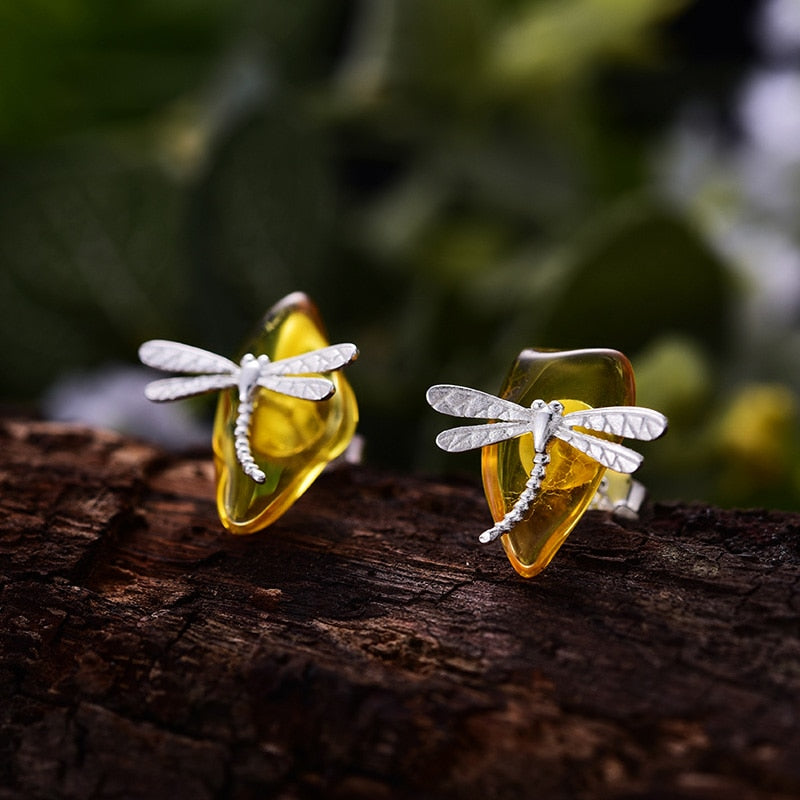 Real 925 Sterling Silver Natural Amber Original Handmade Fine Jewelry Cute Dragonfly Stud Earrings for Women Brincos