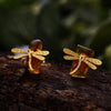 Real 925 Sterling Silver Natural Amber Original Handmade Fine Jewelry Cute Dragonfly Stud Earrings for Women Brincos