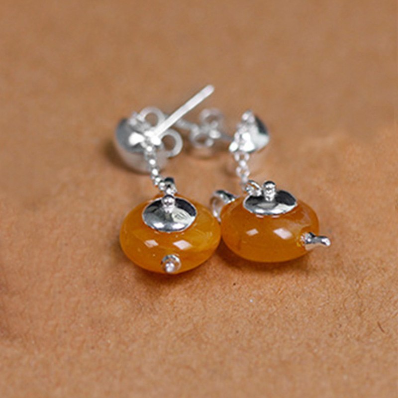 Real 925 Sterling Silver Natural Amber Original Handmade Fine Jewelry Cute Teapot Dangle Earrings for Women Bijoux