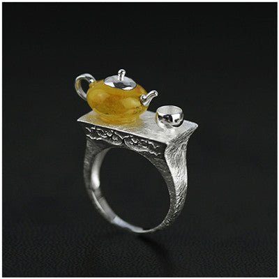 Real 925 Sterling Silver Natural Amber Original Handmade Fine Jewelry Vintage Ring Cute Teapot Rings for Women Bijoux
