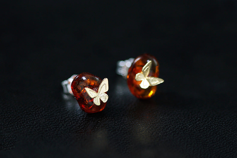 Real 925 Sterling Silver Natural Amber Stone Handmade Designer Fine Jewelry Butterfly Stud Earrings for Women Brincos