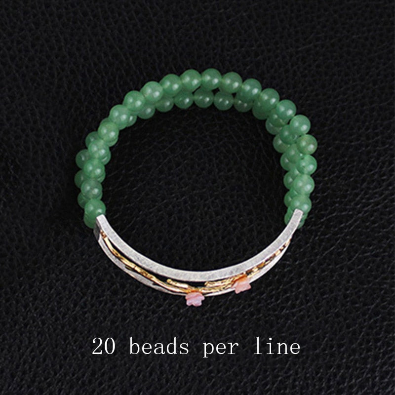 Real 925 Sterling Silver Natural Aventurine Handmade Fine Jewelry Vintage Plum Blossom Beads Bracelet for Women