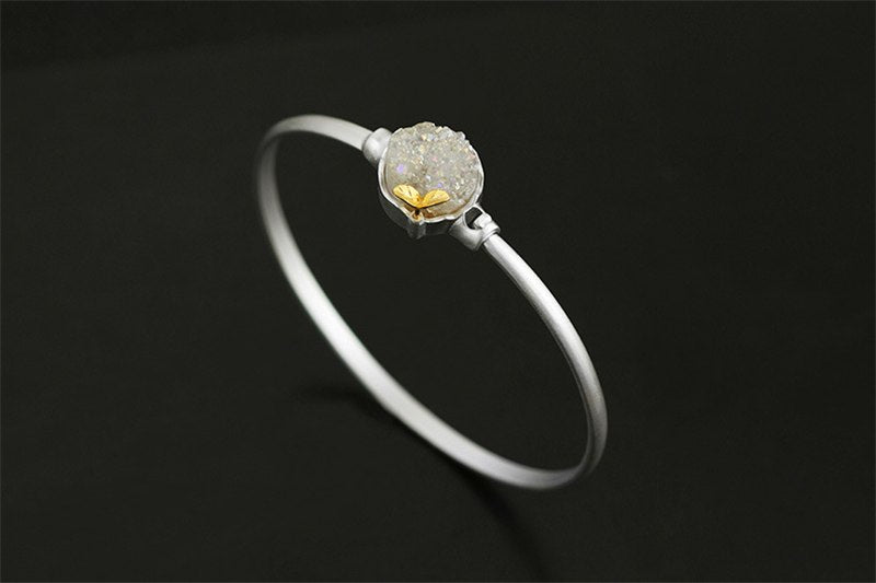 Real 925 Sterling Silver Natural Crystal Handmade Fine Jewelry Lovely Sprouting Plant Design Bangle for Women