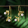 Real 925 Sterling Silver Natural Pearl Handmade Fine Jewelry Waterdrops from the Leaves Earrings for Women