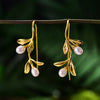 Real 925 Sterling Silver Natural Pearl Handmade Fine Jewelry Waterdrops from the Leaves Earrings for Women