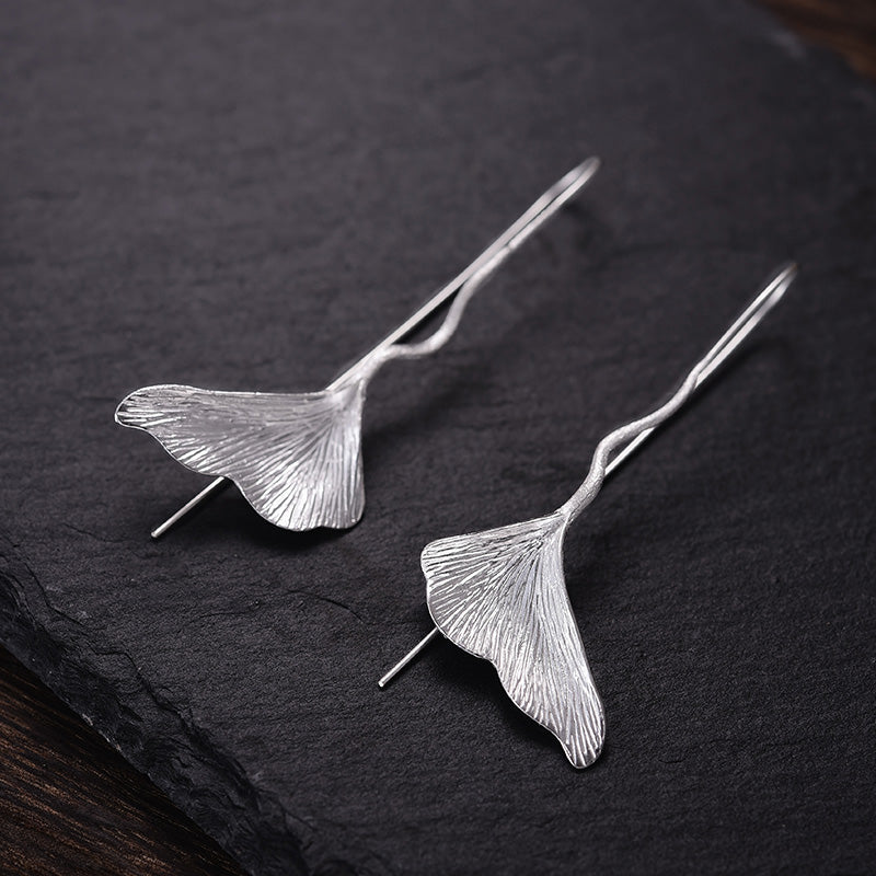 Real 925 Sterling Silver Natural Handmade Designer Fine Jewelry Vintage Ginkgo Leaf Drop Earrings for Women Brincos