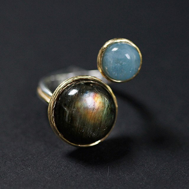 Real 925 Sterling Silver Natural Labradorite Moonlight Stone Handmade Fine Jewelry Mysterious lake Rings for Women