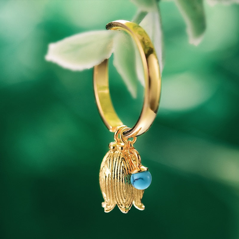 Real 925 Sterling Silver Natural Lapis Gemstone Creative Vintage Fine Jewelry Gold Redbud Flower Rings for Women