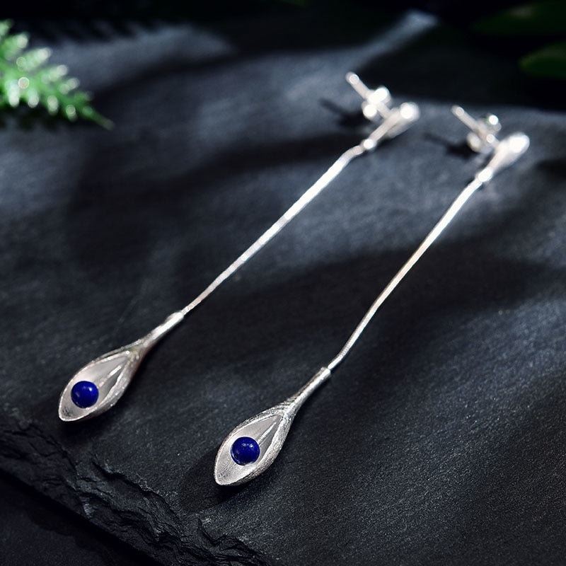 Real 925 Sterling Silver Natural Lapis Handmade Fine Jewelry Vintage Elegant Long Dangle Earrings for Women Brincos