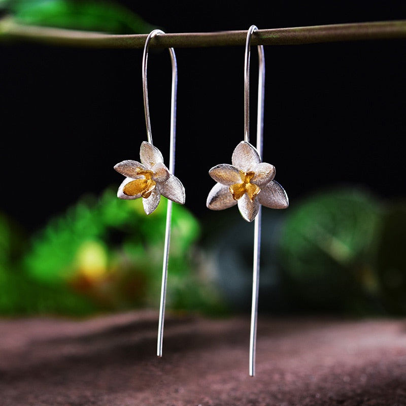Real 925 Sterling Silver Natural Original Handmade Fine Jewelry Cute Blooming Flower Fashion Drop Earrings for Women