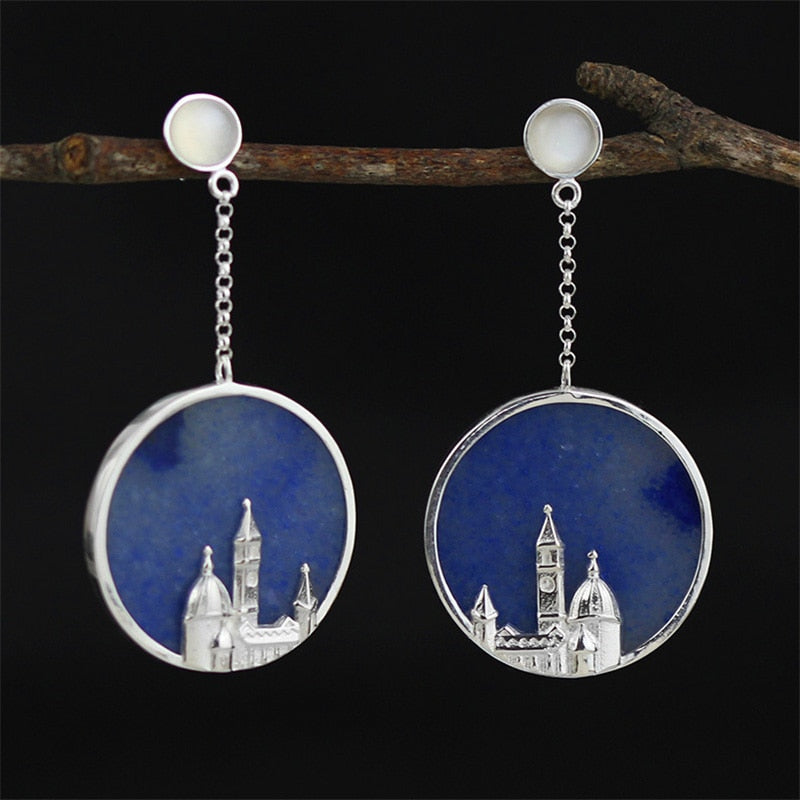 Real 925 Sterling Silver Natural Original Handmade Fine Jewelry Vintage Florence Cathedral Dangle Earrings for Women