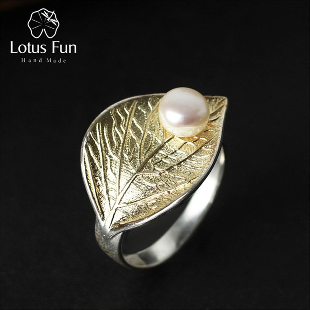 Real 925 Sterling Silver Natural Pearl Handmade Designer Fine Jewelry Creative Open Ring Leaf Rings for Women Bijoux