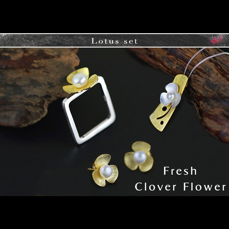 Real 925 Sterling Silver Natural Pearl Handmade Fine Jewelry Square Fresh Clover Flower Jewelry Set for Women Bijoux