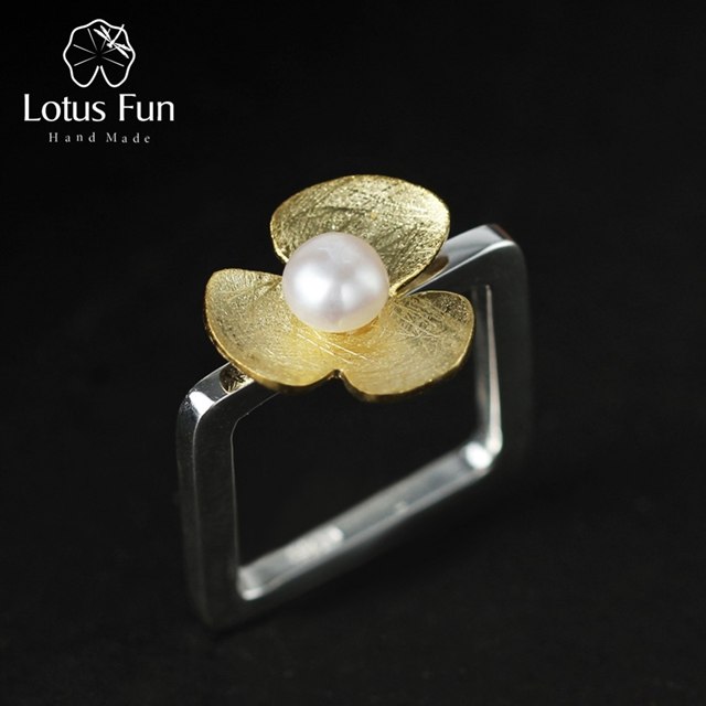 Real 925 Sterling Silver Natural Pearl Handmade Fine Jewelry Square Ring Fresh Clover Flower Rings for Women Bijoux