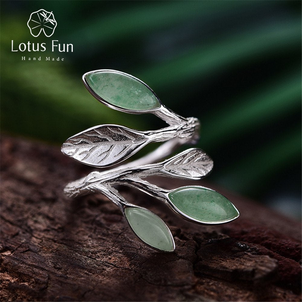 Real 925 Sterling Silver Natural Stone Creative Handmade Designer Fine Jewelry Spring in the Air Leaves Female Rings