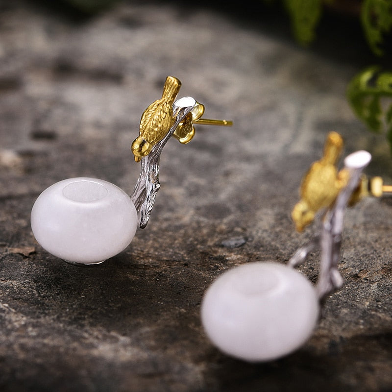 Real 925 Sterling Silver Natural Stone Creative Handmade Fine Jewelry Lovely Bird Dangle Earrings for Women Brincos