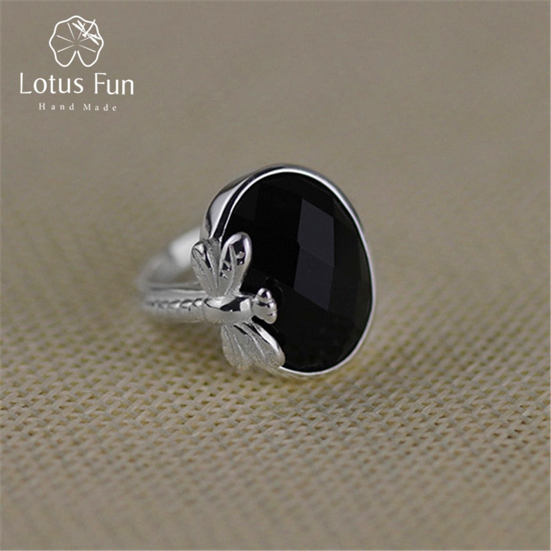 Real 925 Sterling Silver Natural Stone Handmade Original Designer Fine Jewelry Vintage Black Agate Female Rings Bijoux