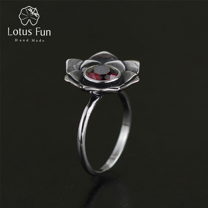 Real 925 Sterling Silver Natural Stone Handmade Original Designer Fine Jewelry Vintage Pure Lotus Female Rings Bijoux