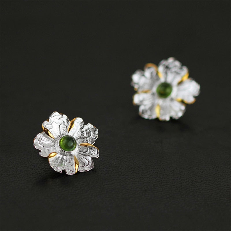 Real 925 Sterling Silver Natural Stone Original Handmade Fine Jewelry Peony Flower Stud Earrings for Women Brincos