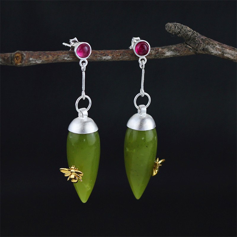 Real 925 Sterling Silver Natural Stone Original Handmade Fine Jewelry Vintage Elegant Drop Earrings for Women Brincos