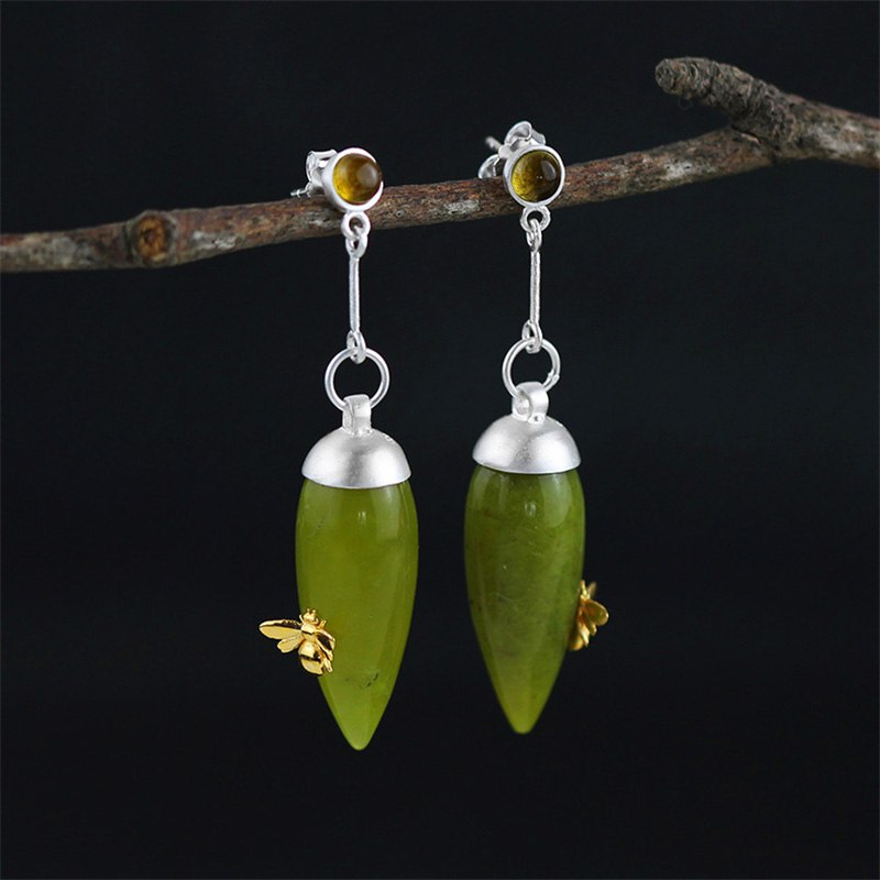 Real 925 Sterling Silver Natural Stone Original Handmade Fine Jewelry Vintage Elegant Drop Earrings for Women Brincos