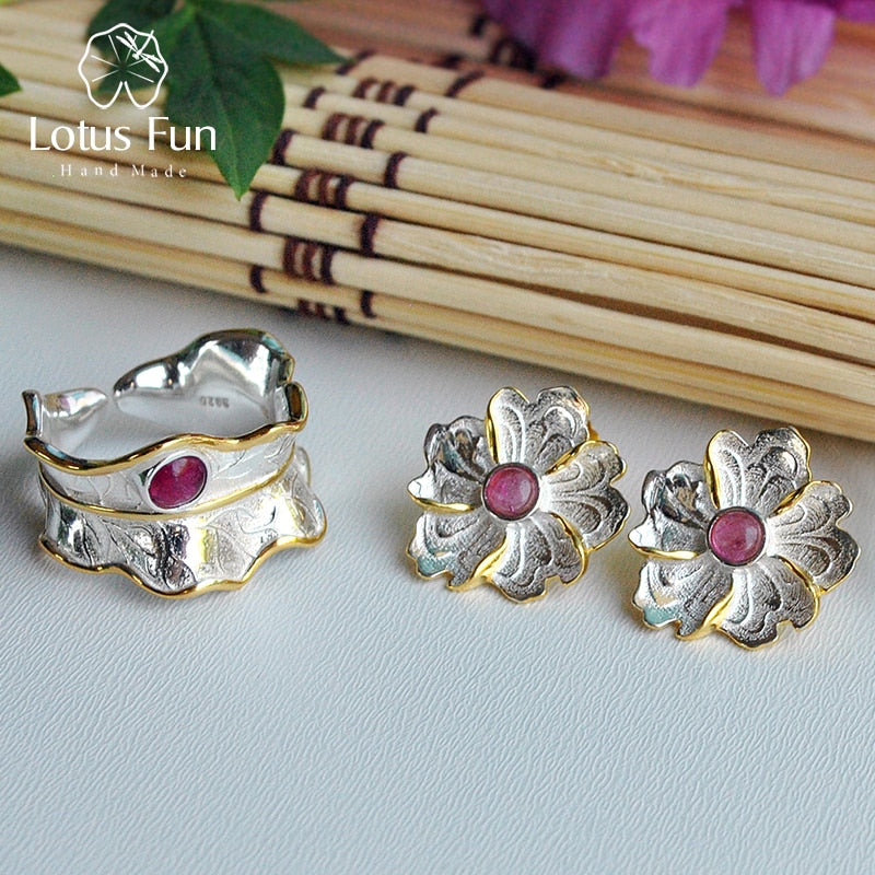 Real 925 Sterling Silver Natural Tourmaline Handmade Designer Fine Jewelry Peony Flower Jewelry Set for Women